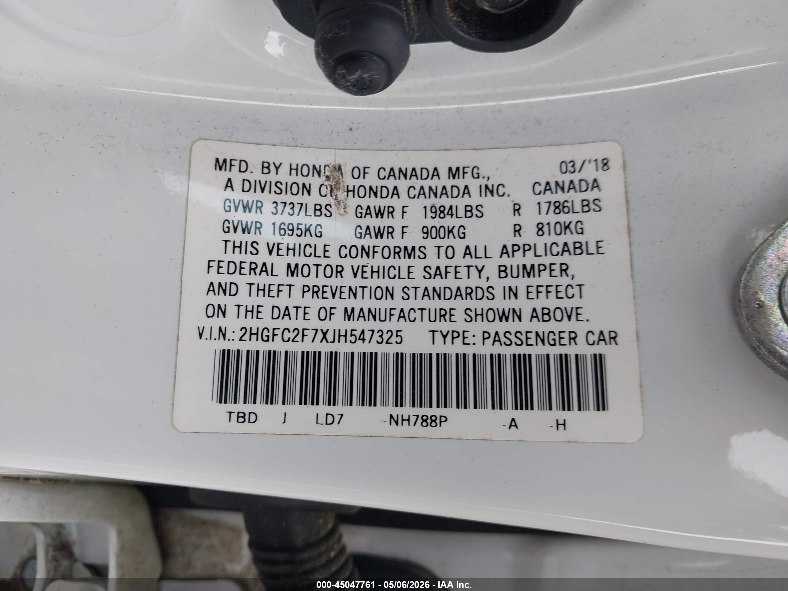 2018 Honda Civic Ex Белый vin: 2HGFC2F7XJH547325