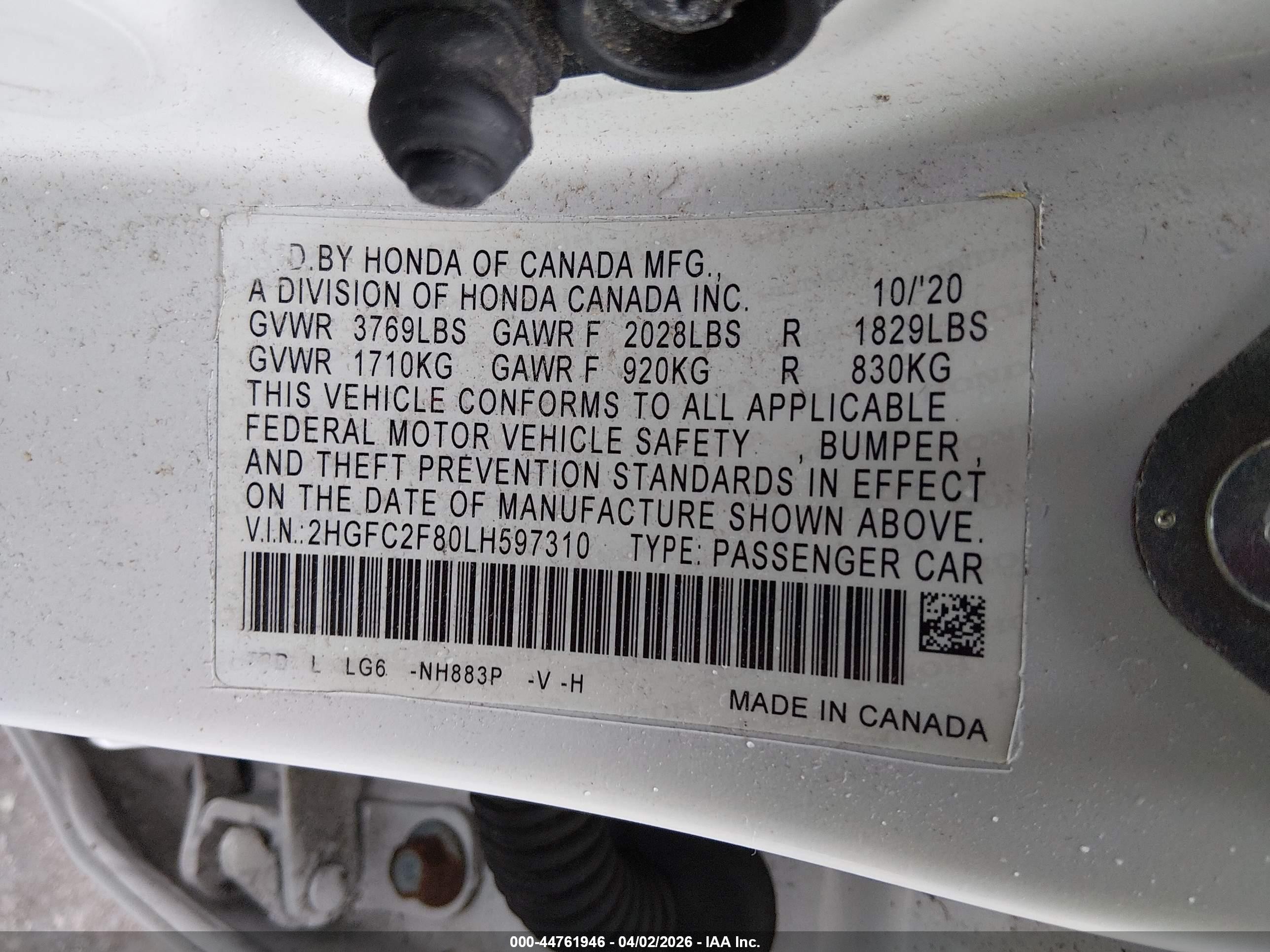 2020 Honda Civic Sport White vin: 2HGFC2F80LH597310