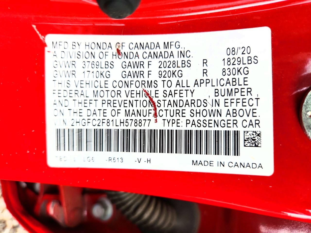 2020 Honda Civic Sport Red vin: 2HGFC2F81LH578877