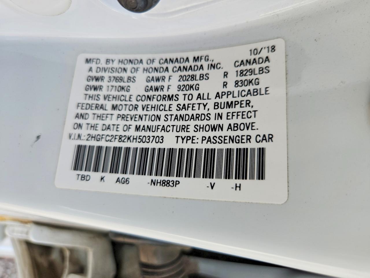 2019 Honda Civic Sport White vin: 2HGFC2F82KH503703