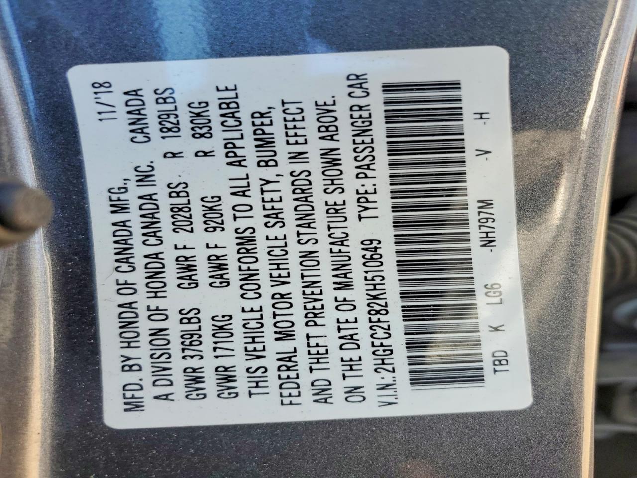 2019 Honda Civic Sport Gray vin: 2HGFC2F82KH510649