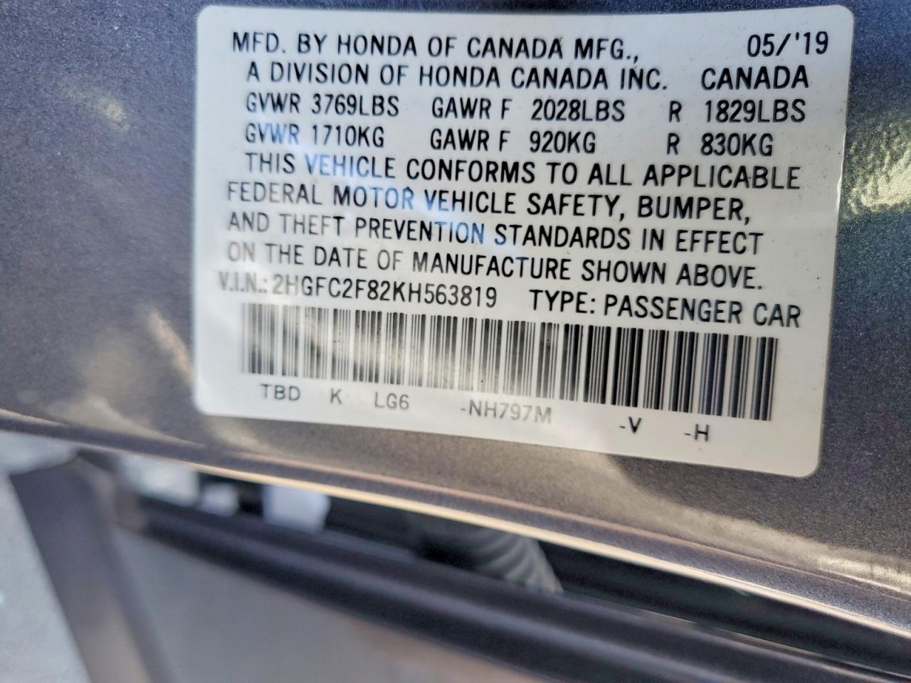 2019 Honda Civic Sport Gray vin: 2HGFC2F82KH563819