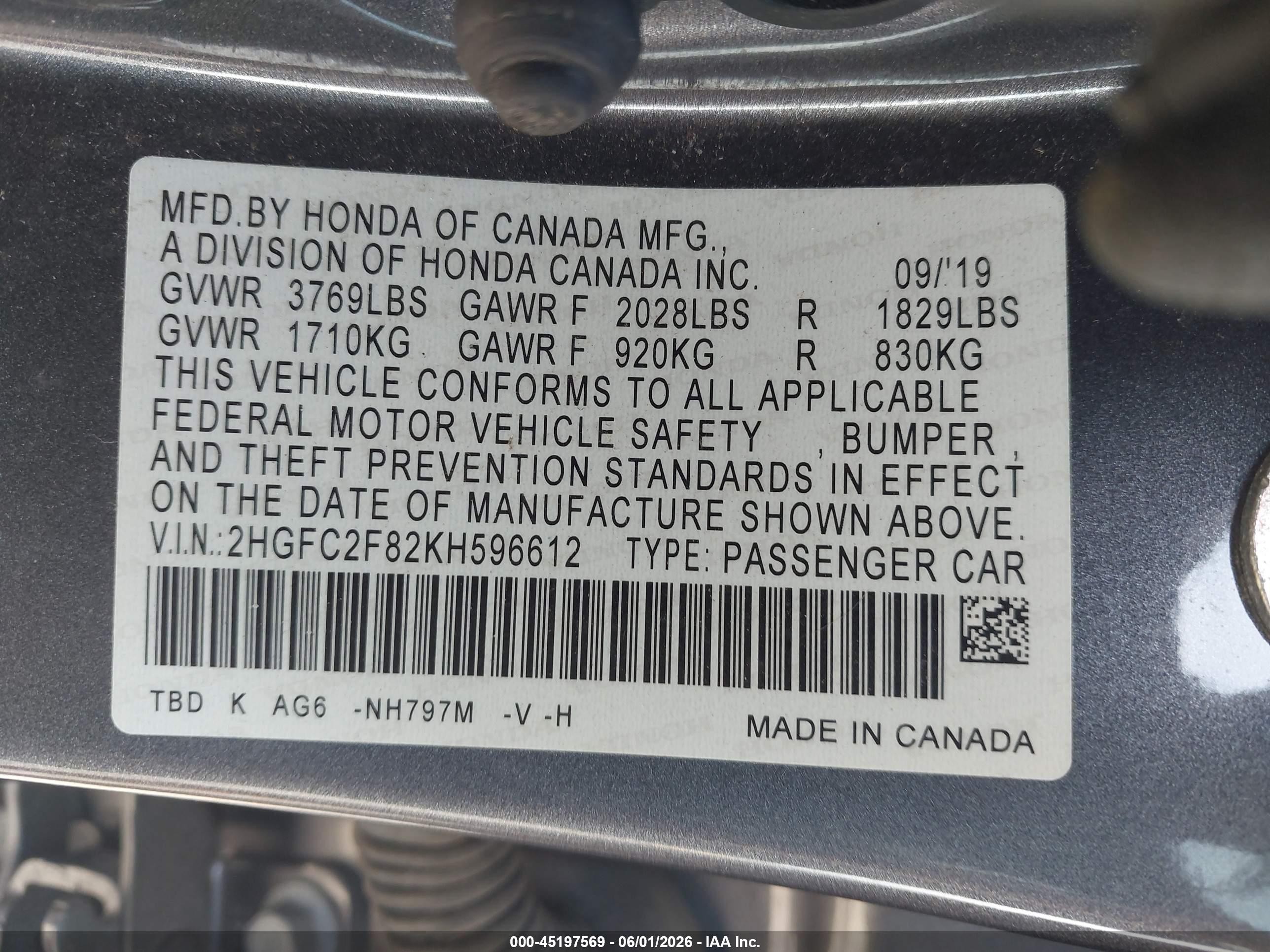 2019 Honda Civic Sport Gray vin: 2HGFC2F82KH596612