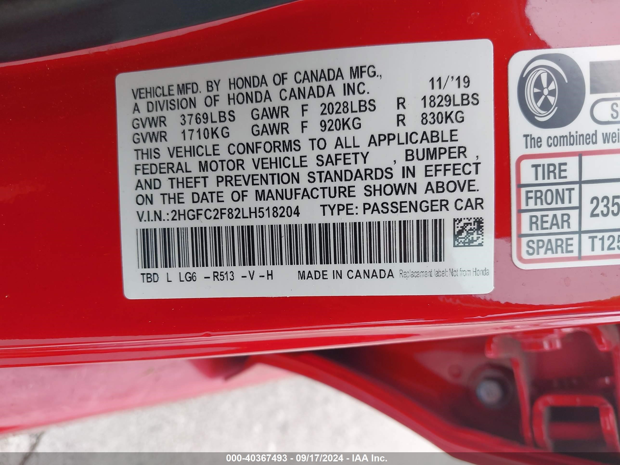 2020 Honda Civic Sport Red vin: 2HGFC2F82LH518204