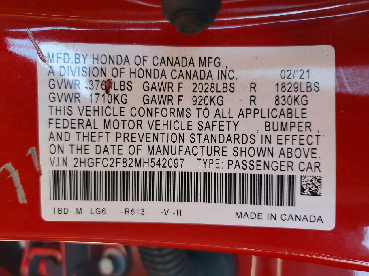 2021 Honda Civic Sport Red vin: 2HGFC2F82MH542097