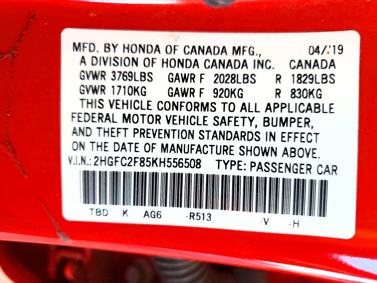 2019 Honda Civic Sport Red vin: 2HGFC2F85KH556508