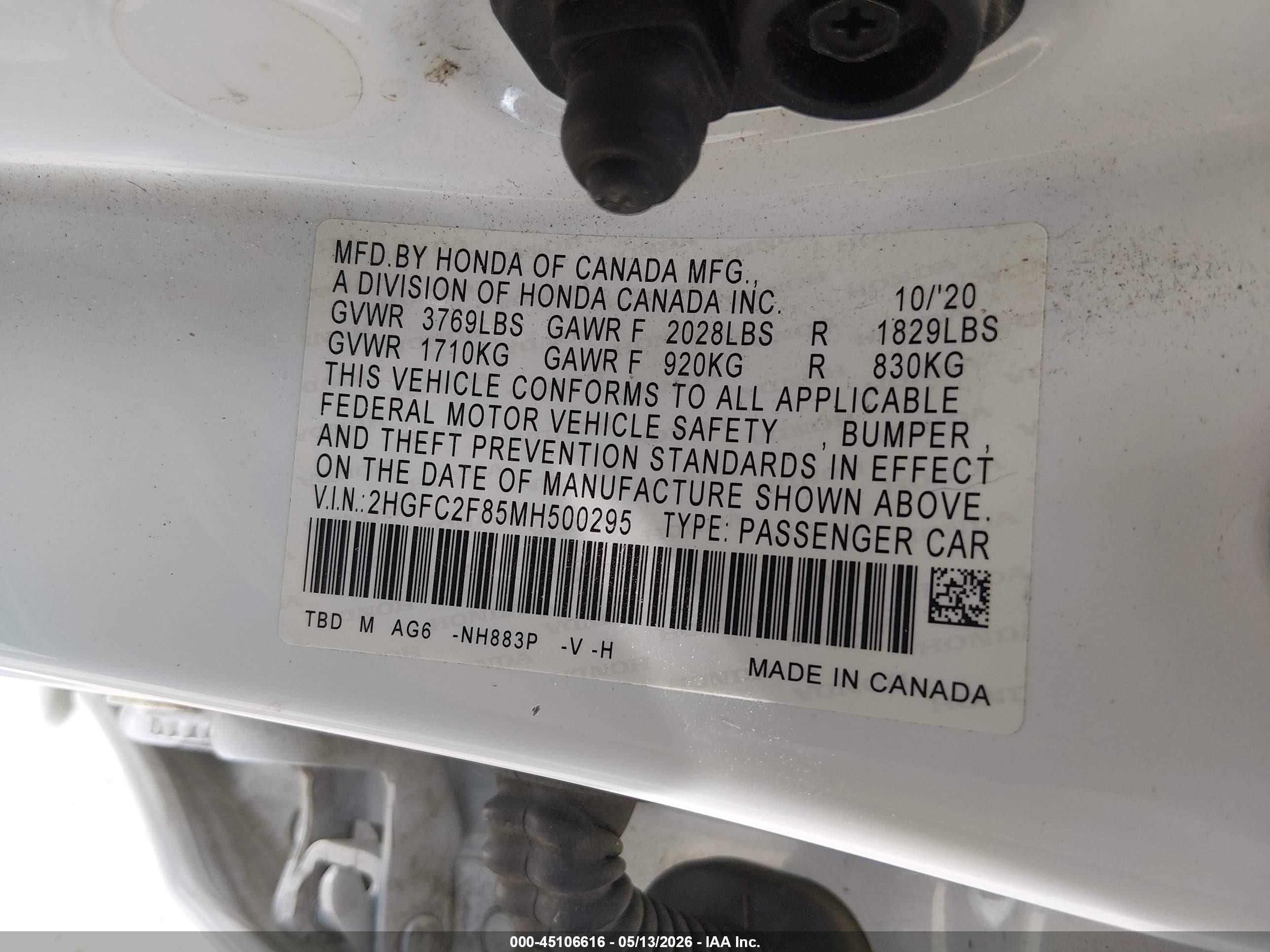 2021 Honda Civic Sport Белый vin: 2HGFC2F85MH500295
