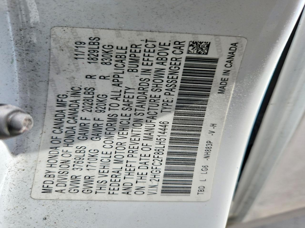 2020 Honda Civic Sport White vin: 2HGFC2F86LH514446