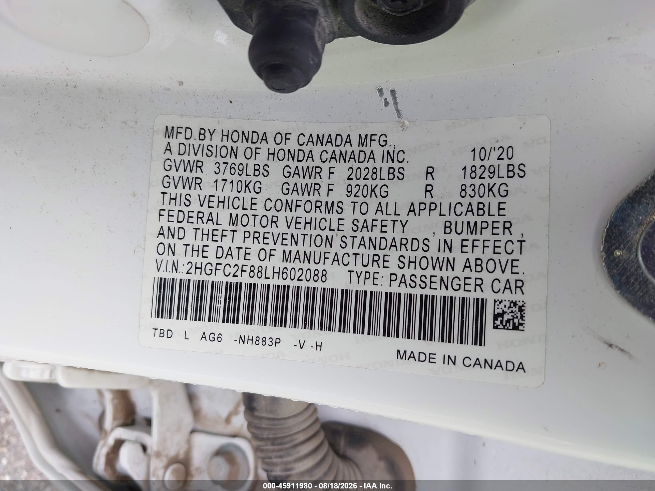 2020 Honda Civic Sport White vin: 2HGFC2F88LH602088