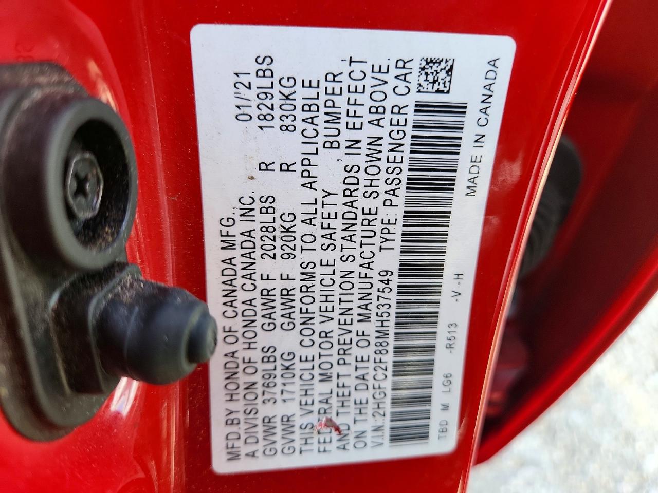 2021 Honda Civic Sport Red vin: 2HGFC2F88MH537549