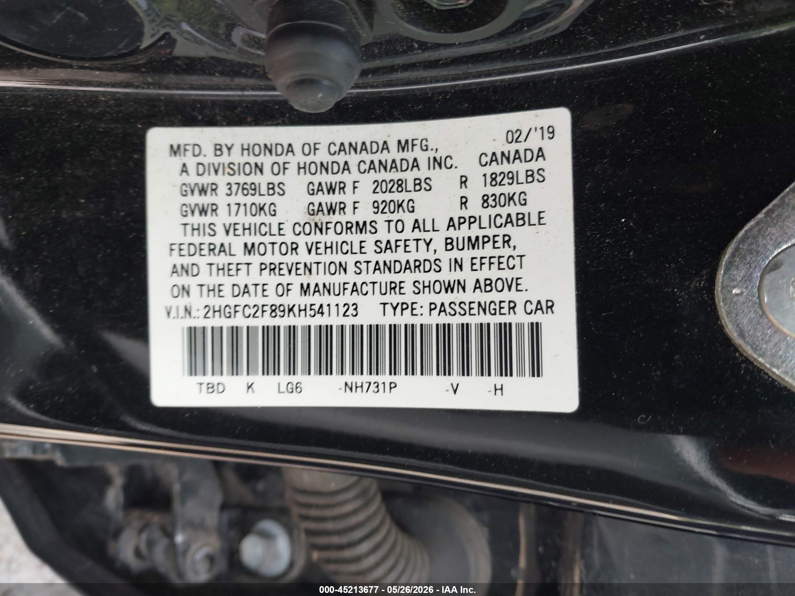 2019 Honda Civic Sport Black vin: 2HGFC2F89KH541123