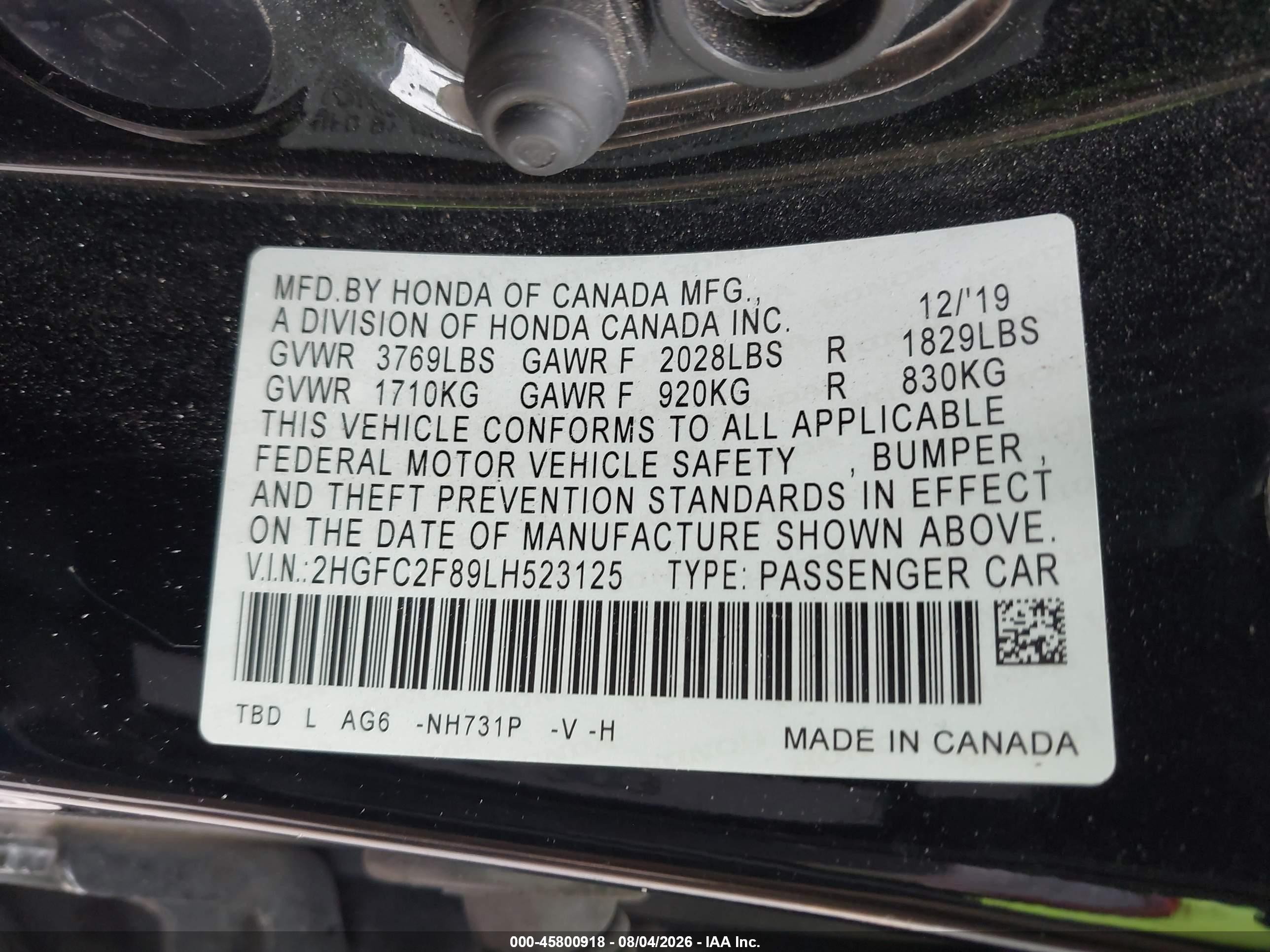 2020 Honda Civic Sport Черный vin: 2HGFC2F89LH523125