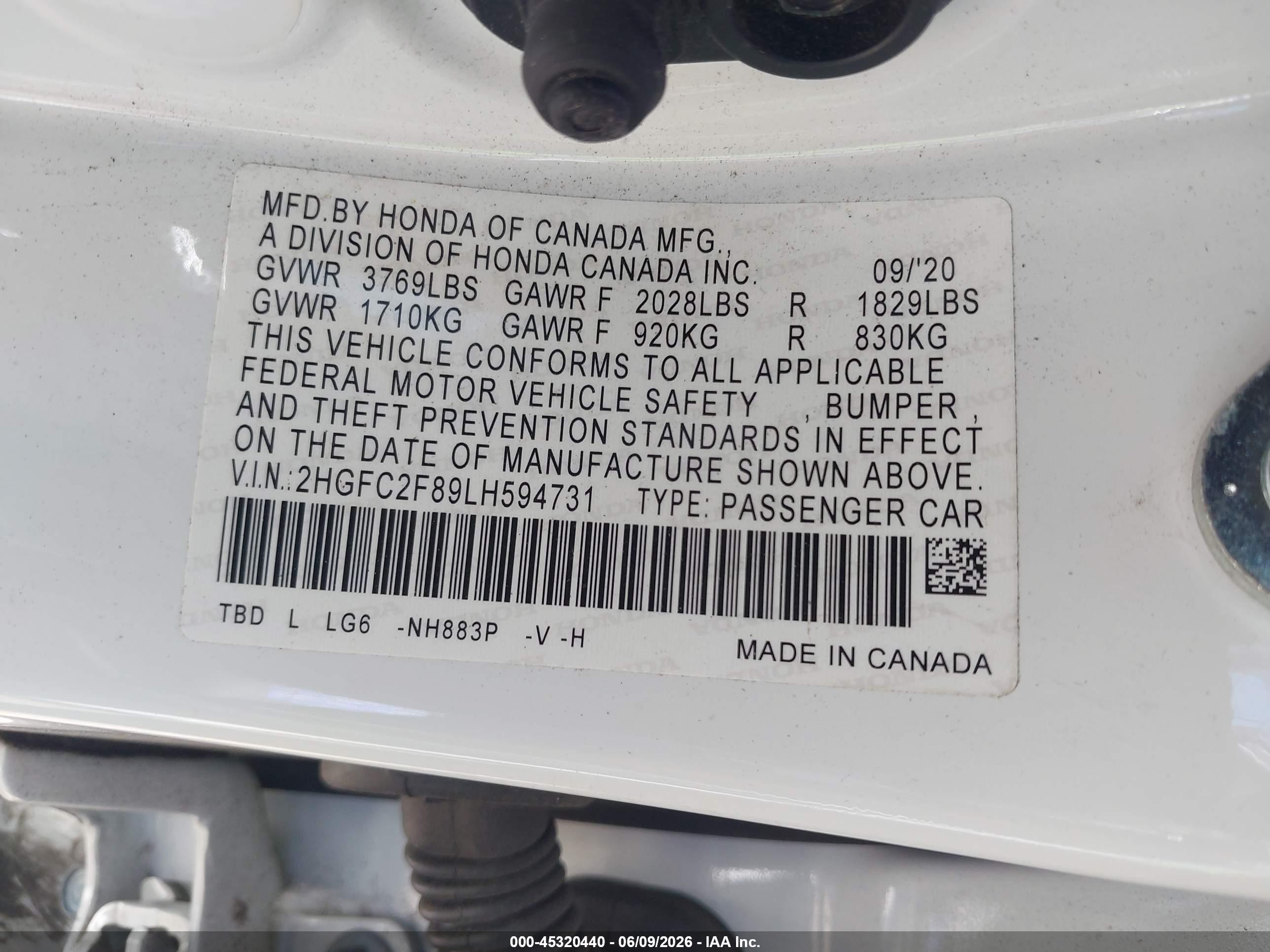 2020 Honda Civic Sport White vin: 2HGFC2F89LH594731