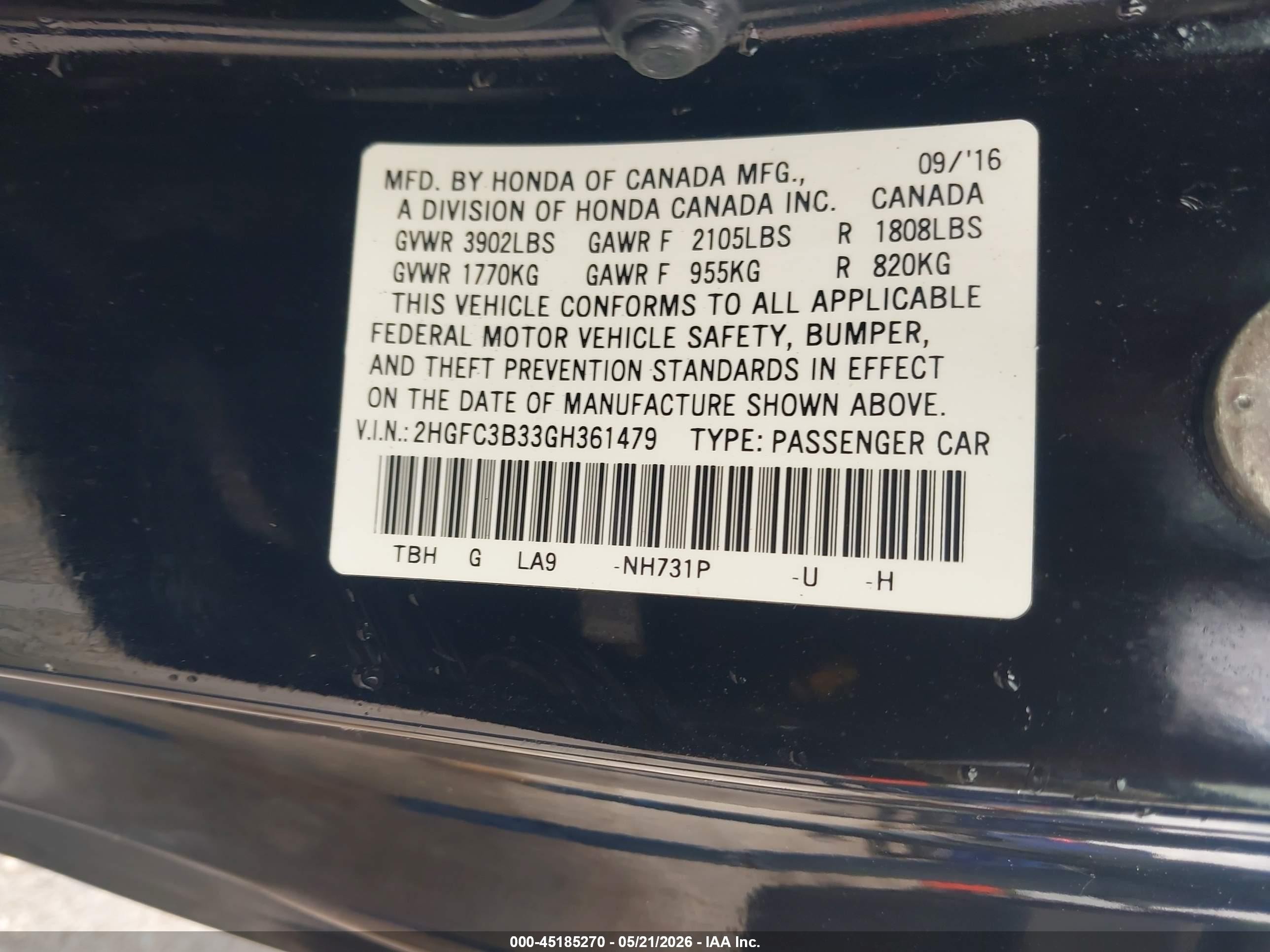 2016 Honda Civic Ex-t Black vin: 2HGFC3B33GH361479
