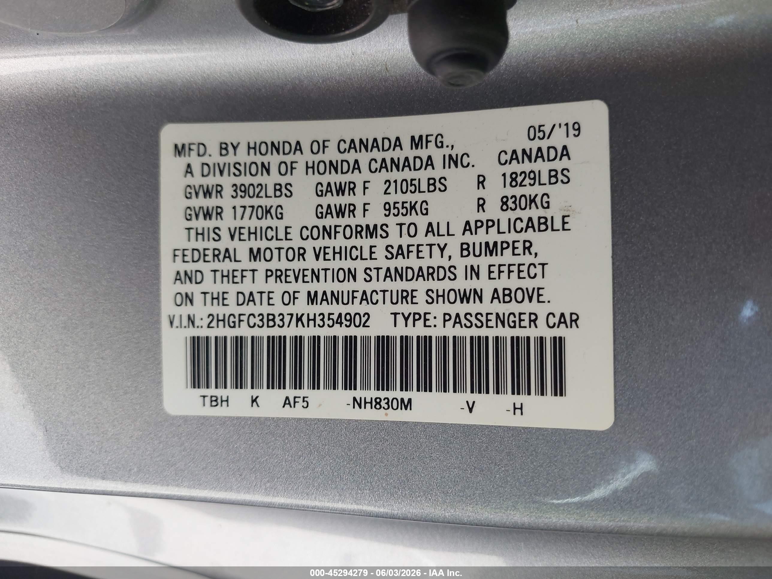 2019 Honda Civic Ex Gray vin: 2HGFC3B37KH354902