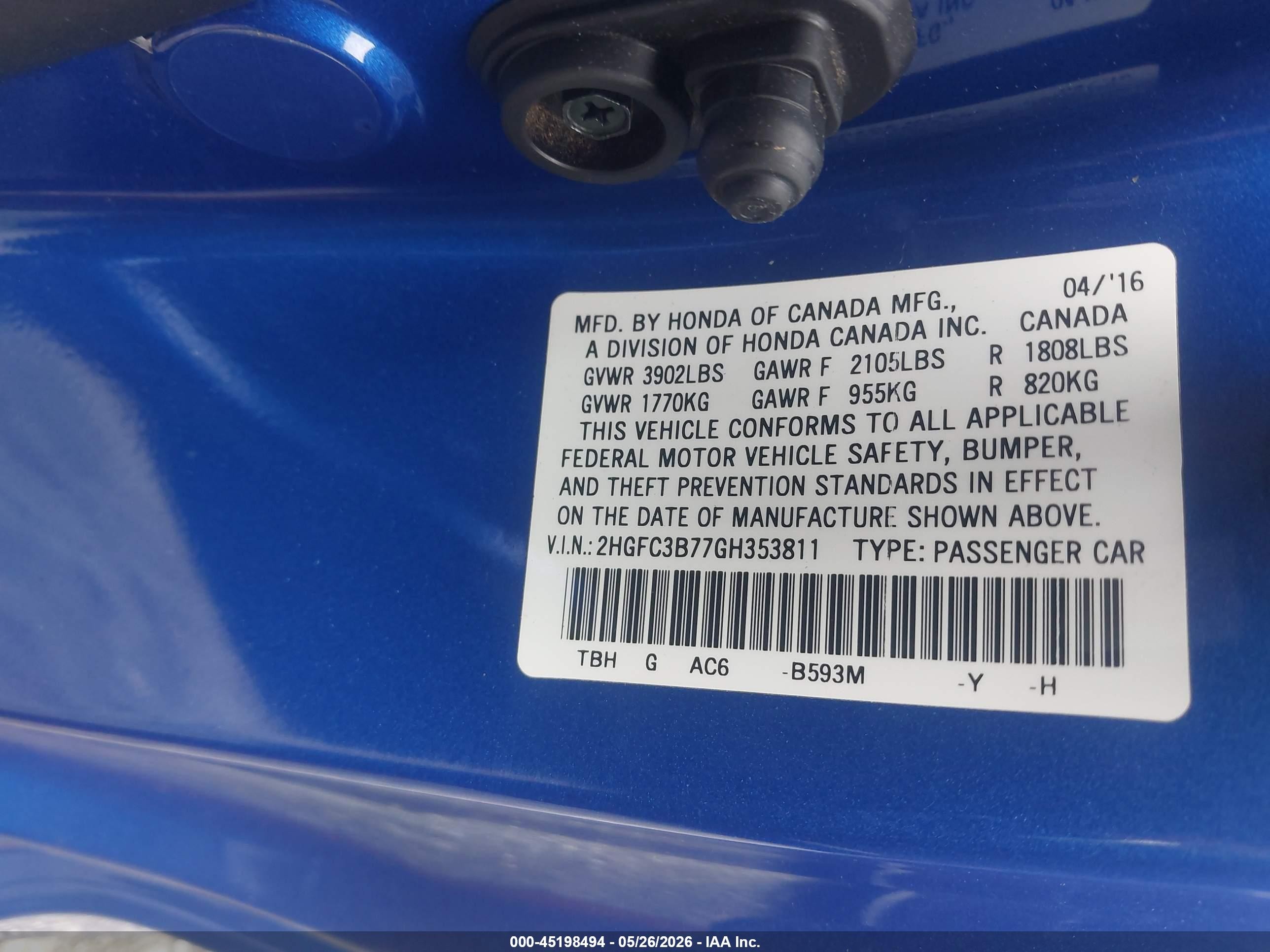 2016 Honda Civic Ex-l Синий vin: 2HGFC3B77GH353811