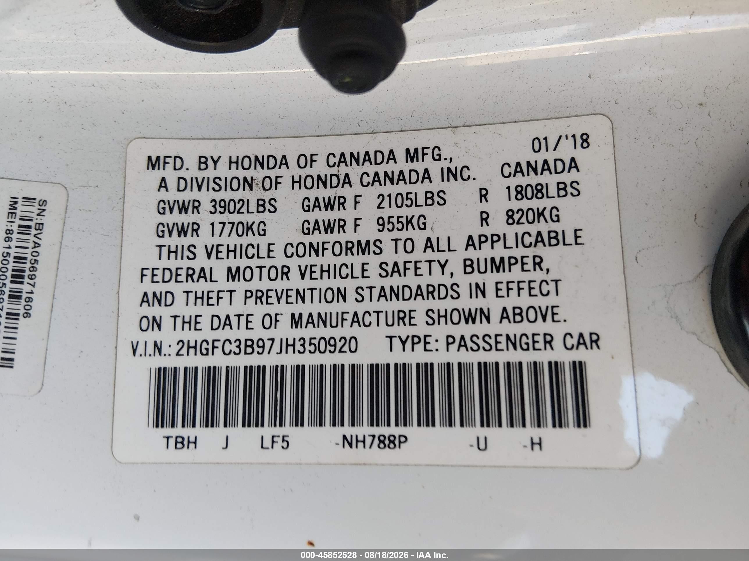 2018 Honda Civic Touring White vin: 2HGFC3B97JH350920