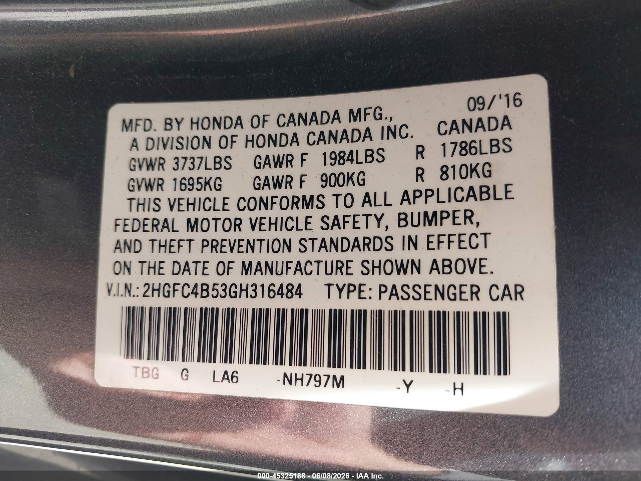 2016 Honda Civic Lx Gray vin: 2HGFC4B53GH316484
