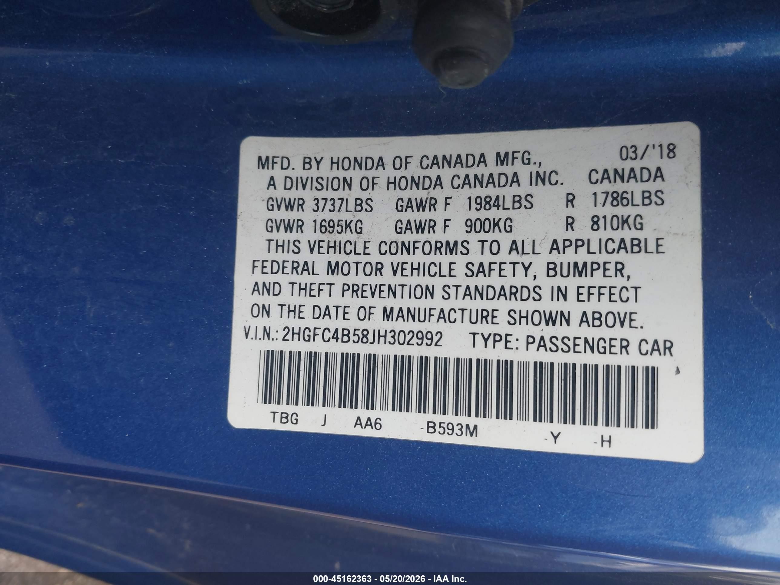 2018 Honda Civic Lx Синий vin: 2HGFC4B58JH302992