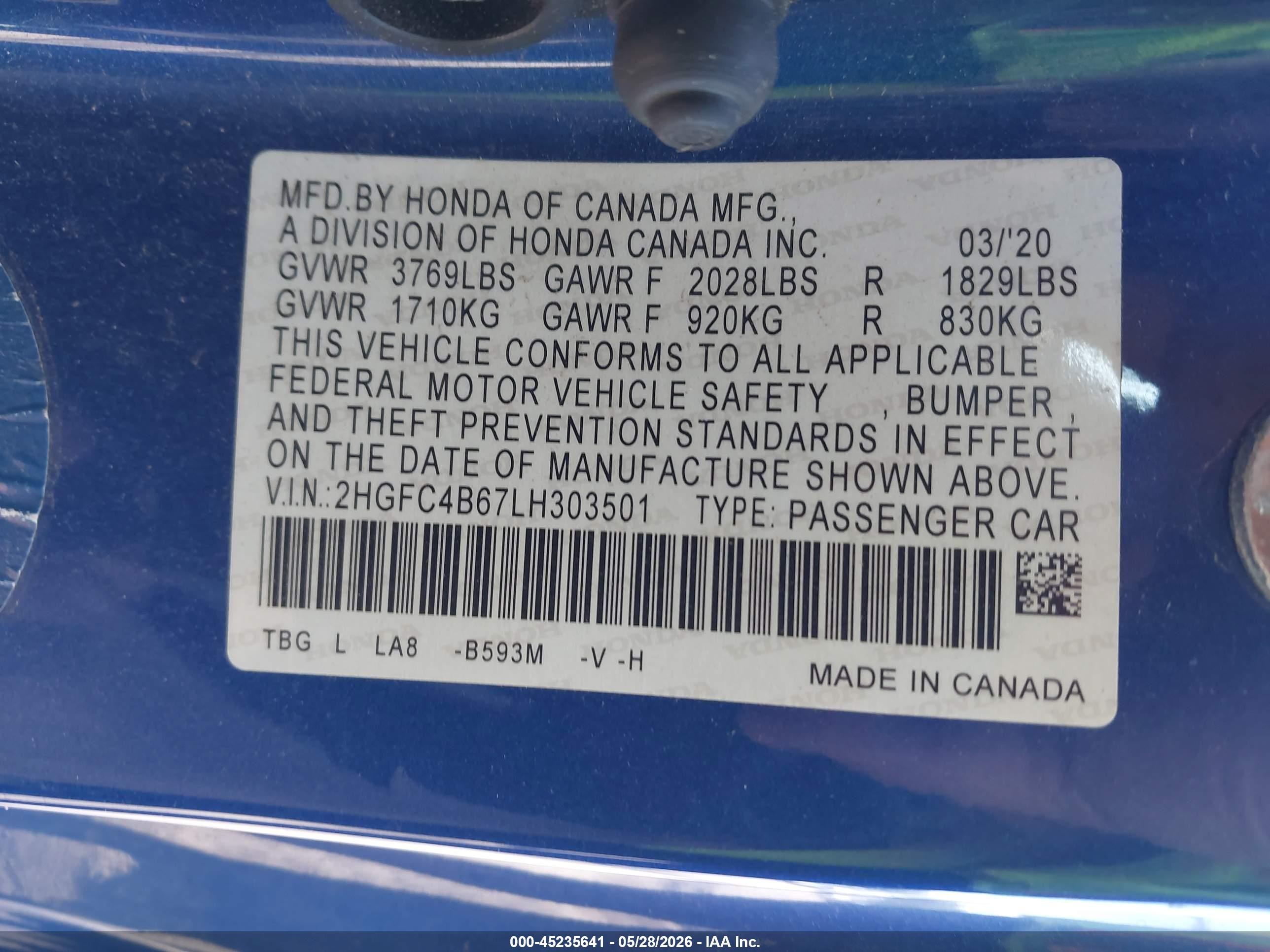 2020 Honda Civic Lx Blue vin: 2HGFC4B67LH303501