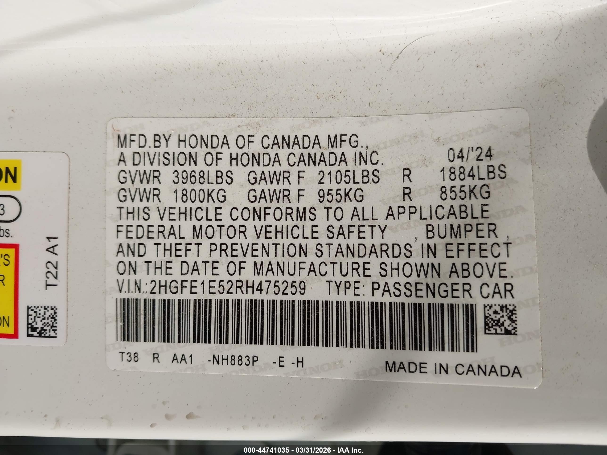 2024 Honda Civic Si Sedan White vin: 2HGFE1E52RH475259