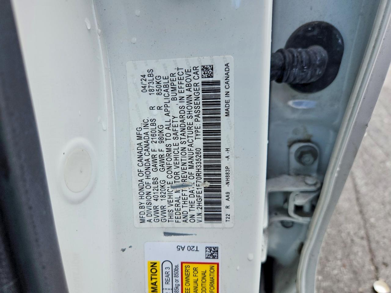 2024 Honda Civic Ex White vin: 2HGFE1F70RH335260