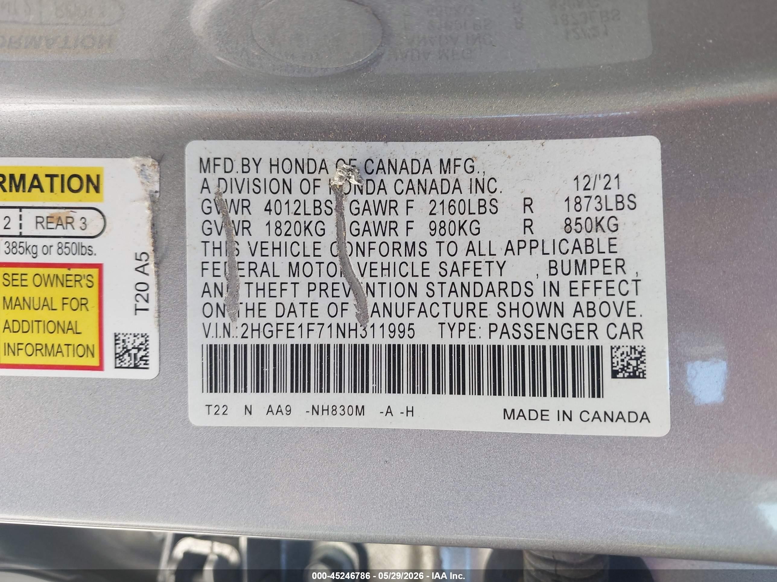 2022 Honda Civic Ex Silver vin: 2HGFE1F71NH311995