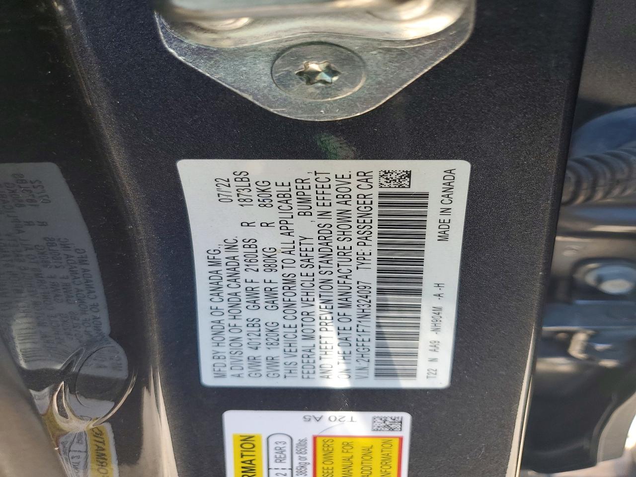 2022 Honda Civic Ex Charcoal vin: 2HGFE1F71NH324097