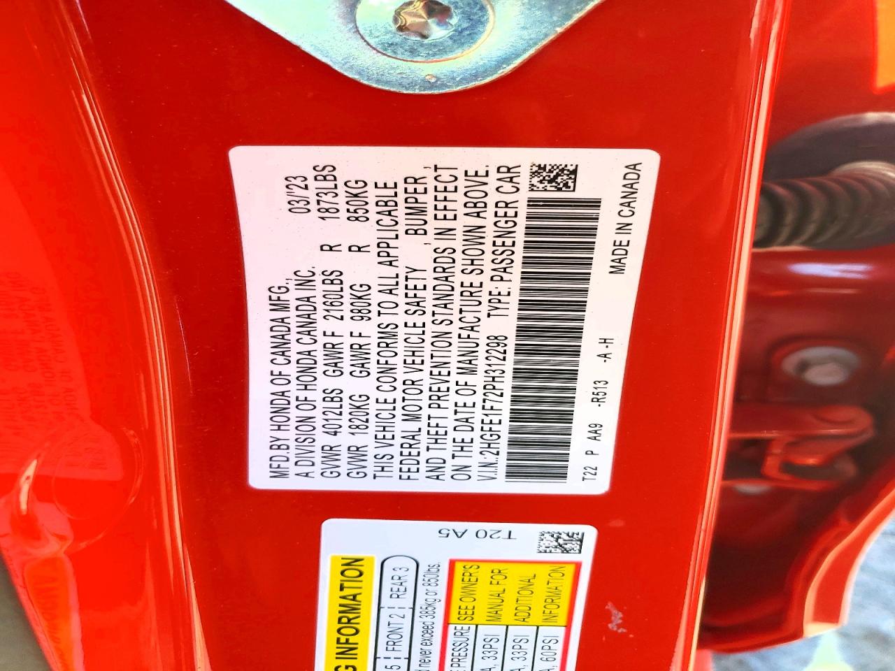 2023 Honda Civic Ex Red vin: 2HGFE1F72PH312298