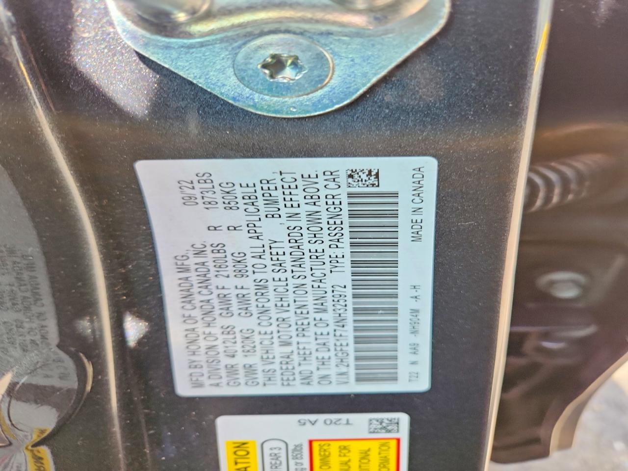 2022 Honda Civic Ex Charcoal vin: 2HGFE1F74NH325972