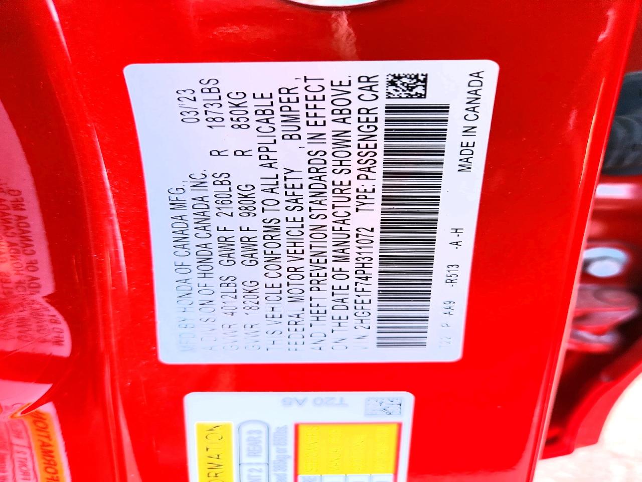2023 Honda Civic Ex Red vin: 2HGFE1F74PH311072
