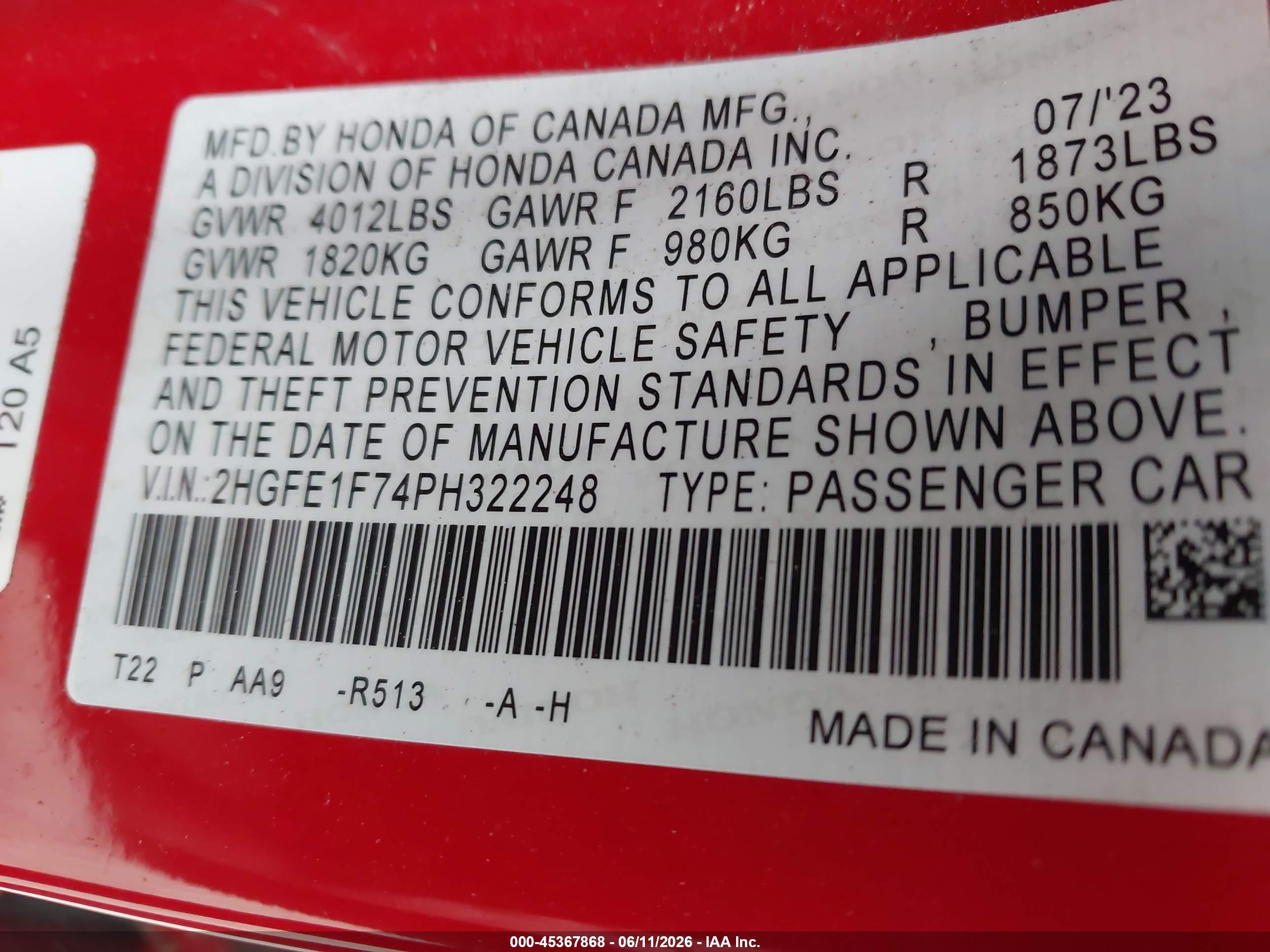 2023 Honda Civic Ex/ex W/o Bsi Red vin: 2HGFE1F74PH322248