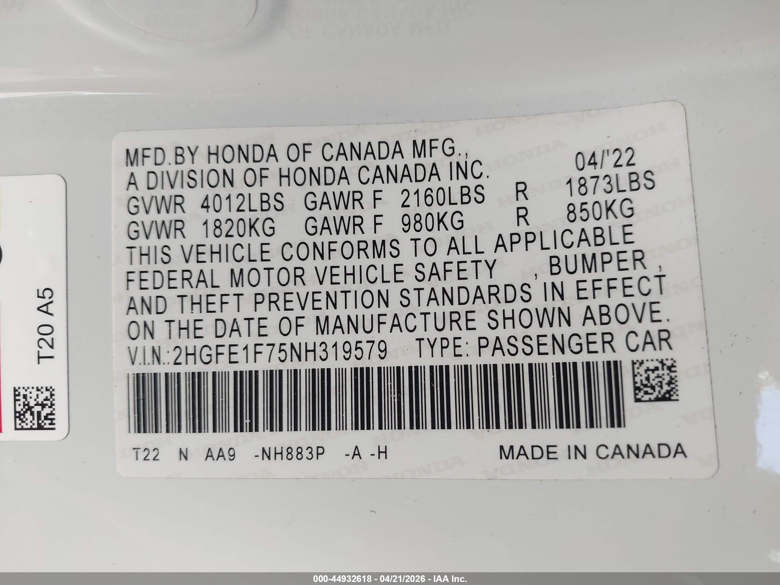 2022 Honda Civic Ex White vin: 2HGFE1F75NH319579