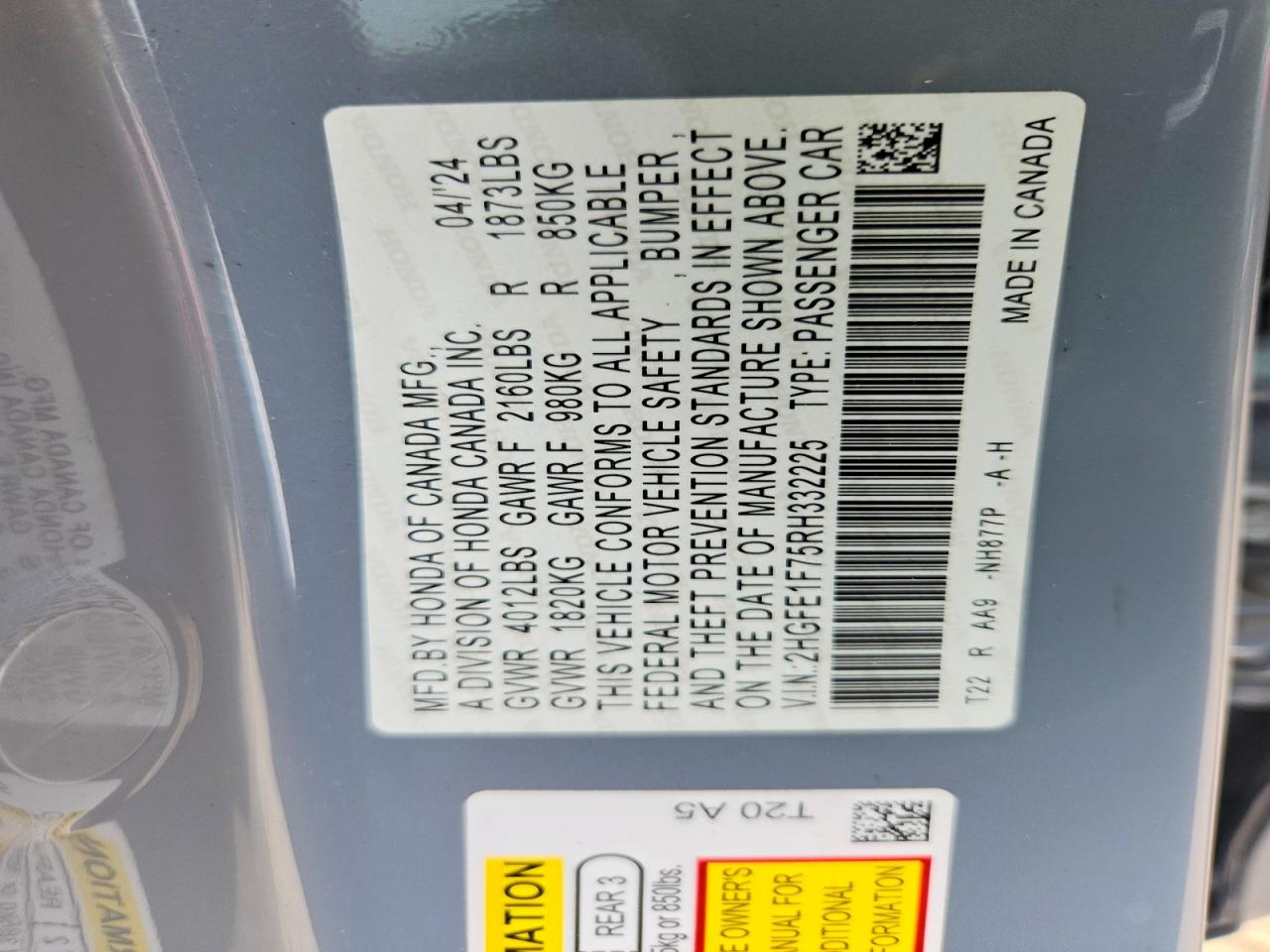 2024 Honda Civic Ex Gray vin: 2HGFE1F75RH332225