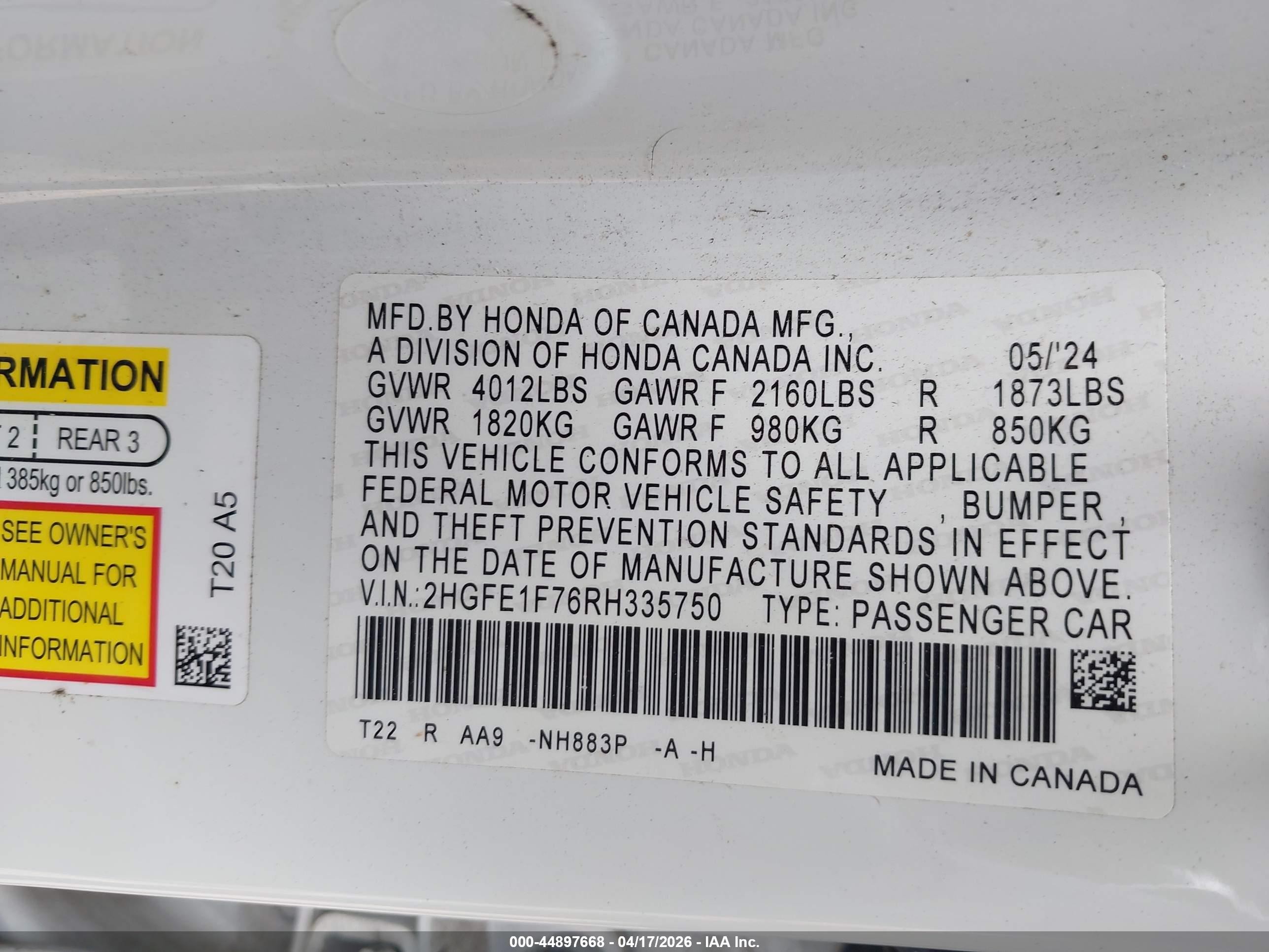 2024 Honda Civic Ex White vin: 2HGFE1F76RH335750