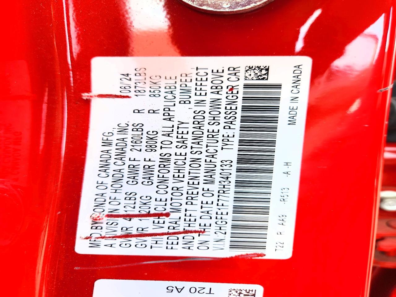 2024 Honda Civic Ex Red vin: 2HGFE1F77RH340133