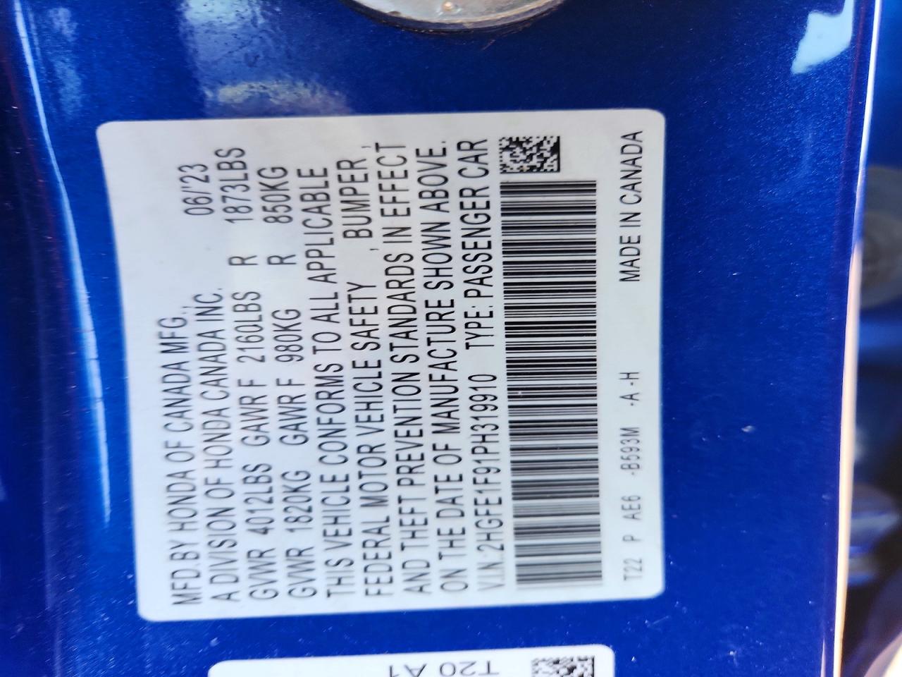 2023 Honda Civic Touring Blue vin: 2HGFE1F91PH319910