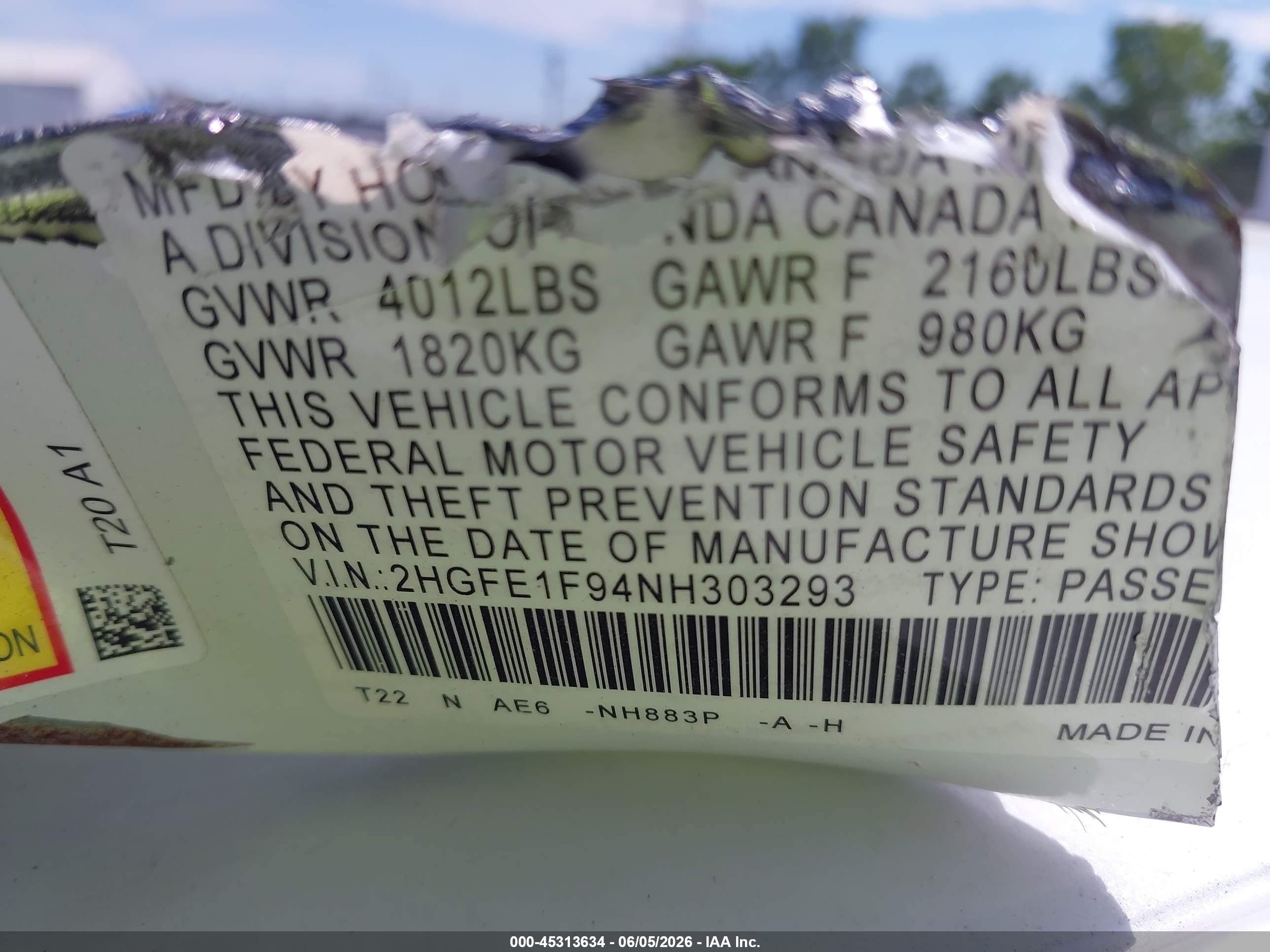 2022 Honda Civic Touring White vin: 2HGFE1F94NH303293