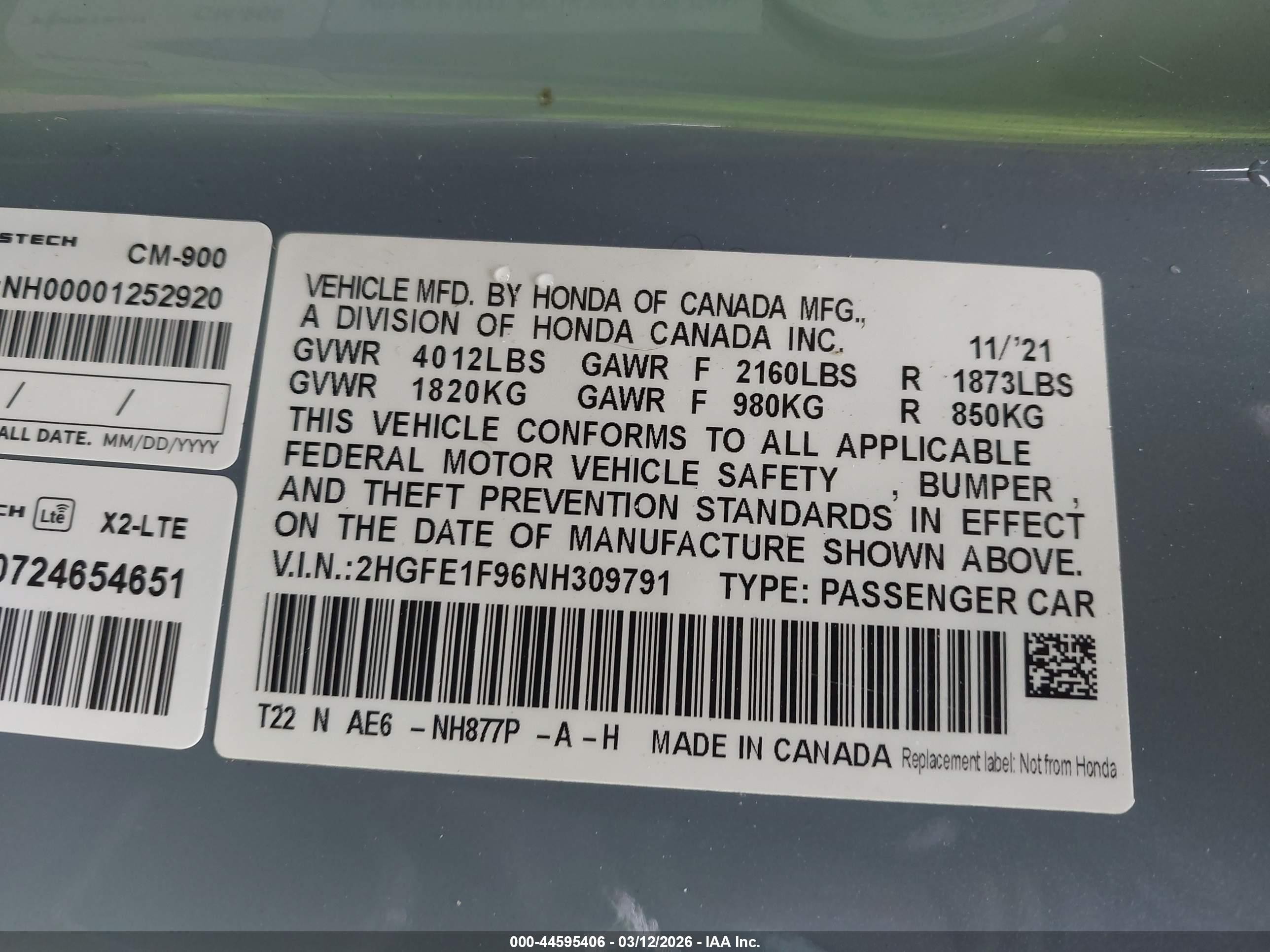 2022 Honda Civic Touring Gray vin: 2HGFE1F96NH309791