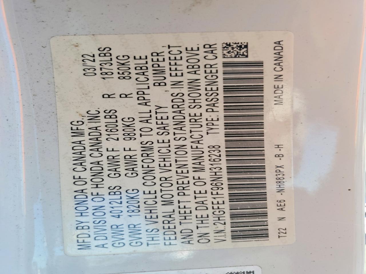 2022 Honda Civic Touring White vin: 2HGFE1F96NH316238