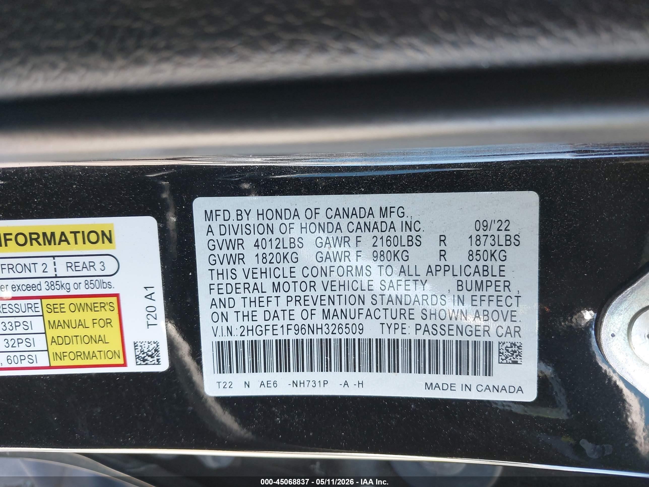 2022 Honda Civic Touring Black vin: 2HGFE1F96NH326509