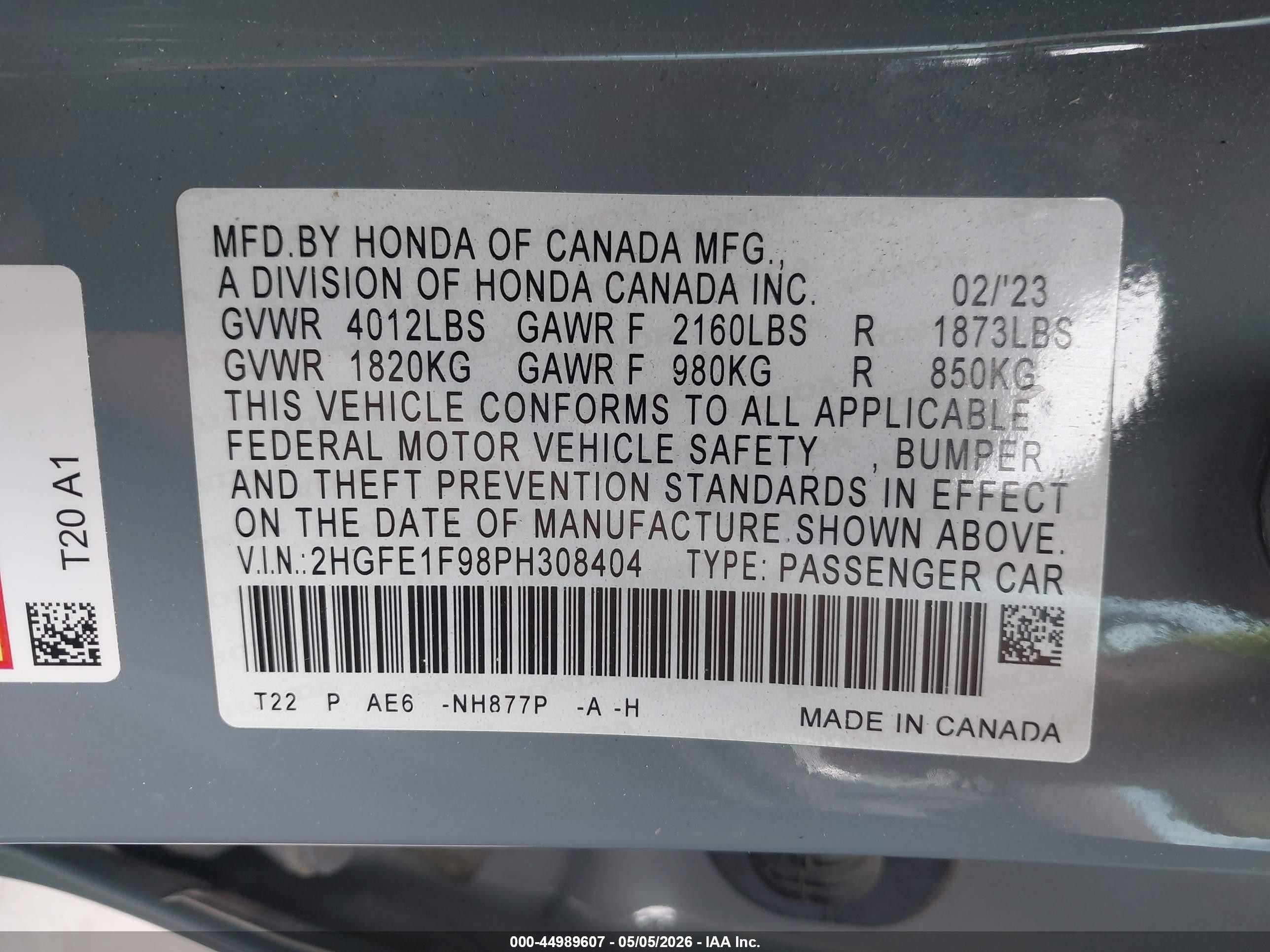2023 Honda Civic Touring Gray vin: 2HGFE1F98PH308404