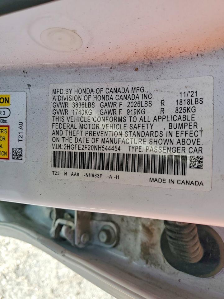 2022 Honda Civic Lx White vin: 2HGFE2F20NH544454