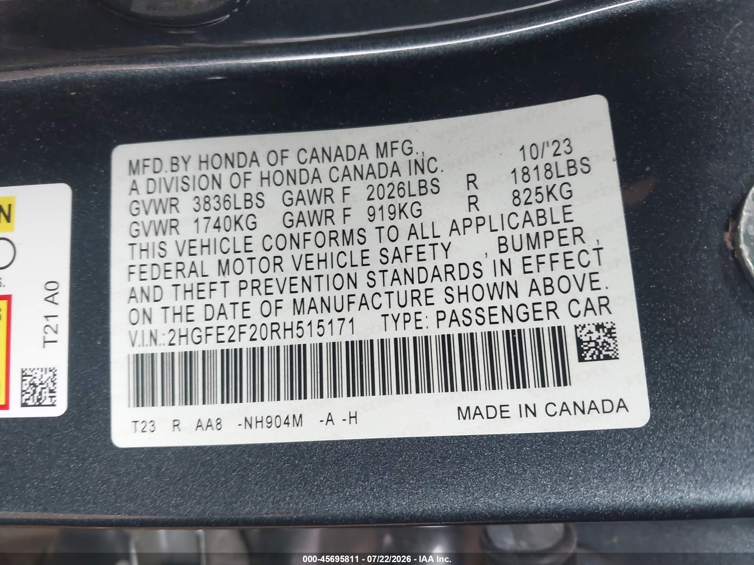 2024 Honda Civic Lx Gray vin: 2HGFE2F20RH515171