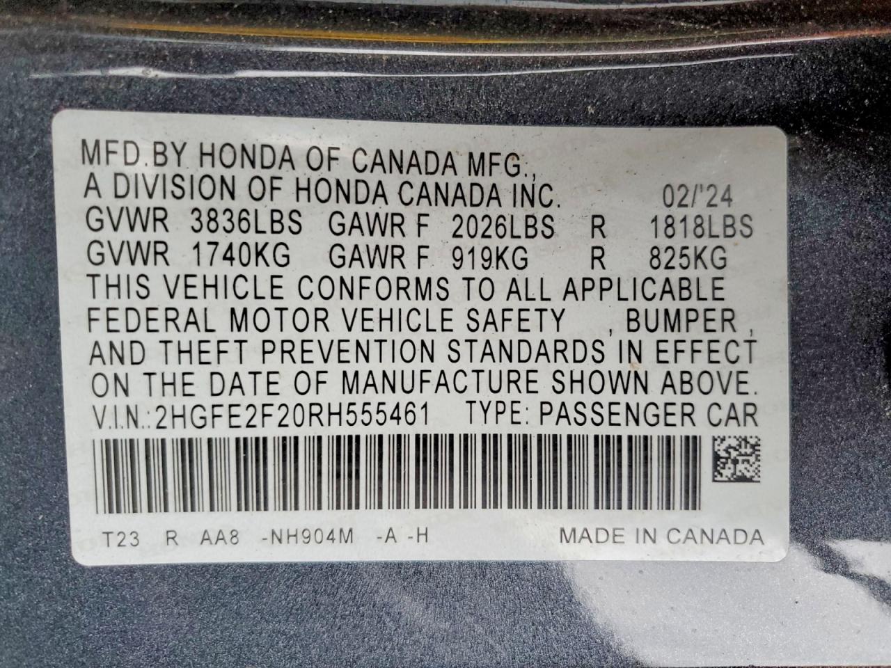 2024 Honda Civic Lx Charcoal vin: 2HGFE2F20RH555461
