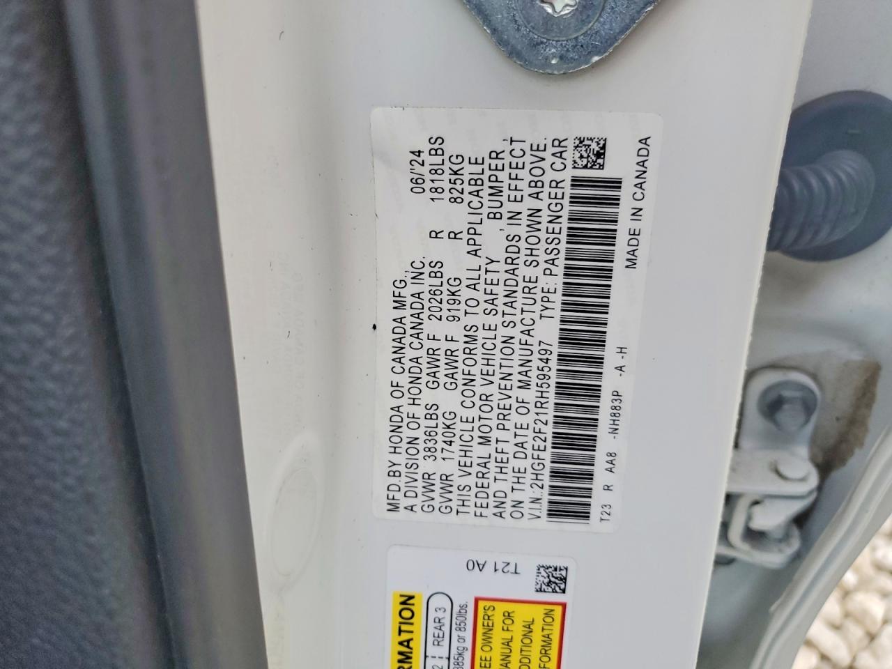 2024 Honda Civic Lx White vin: 2HGFE2F21RH595497