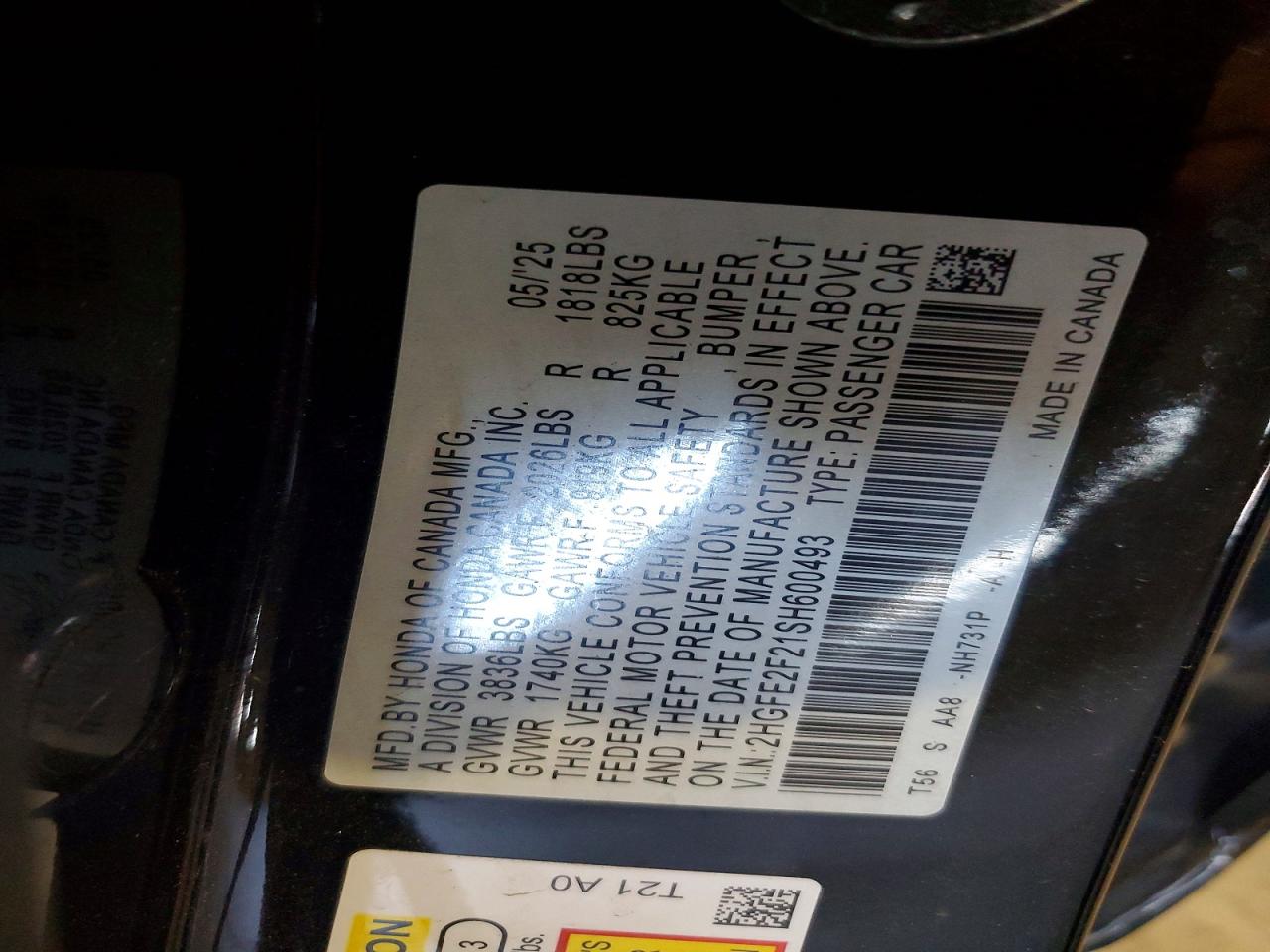 2025 Honda Civic Lx Black vin: 2HGFE2F21SH600493