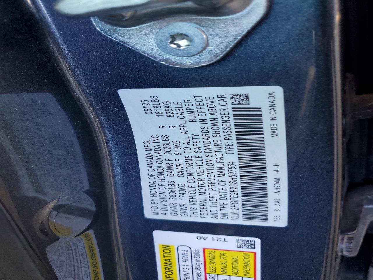 2025 Honda Civic Lx Gray vin: 2HGFE2F23SH597564