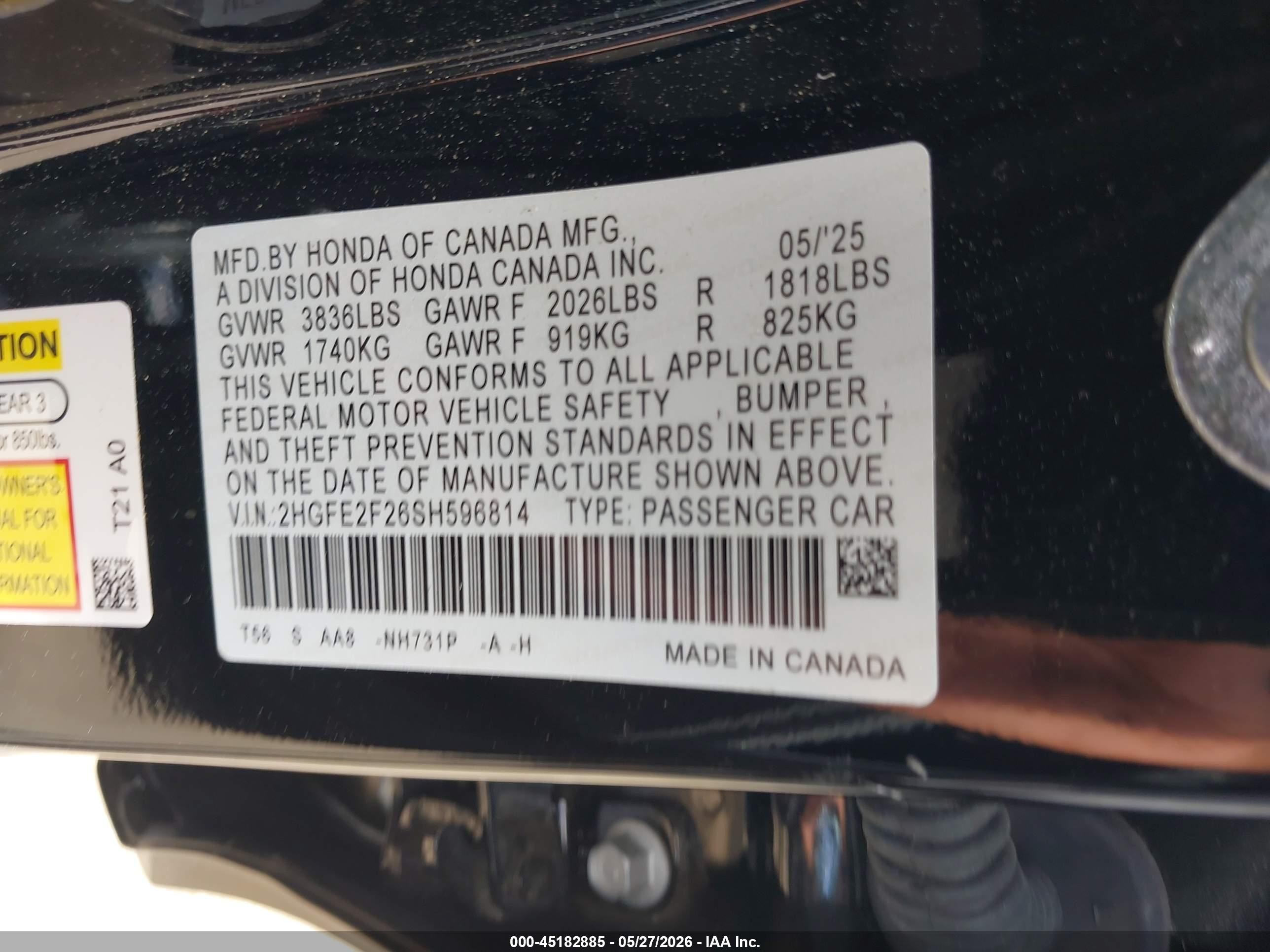 2025 Honda Civic Lx Black vin: 2HGFE2F26SH596814