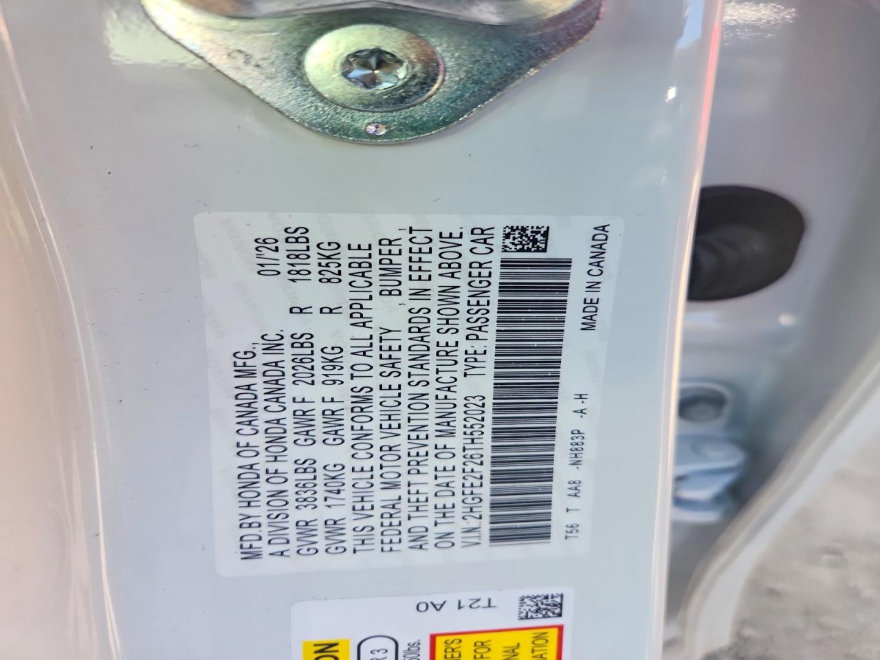 2026 Honda Civic Lx White vin: 2HGFE2F26TH552023